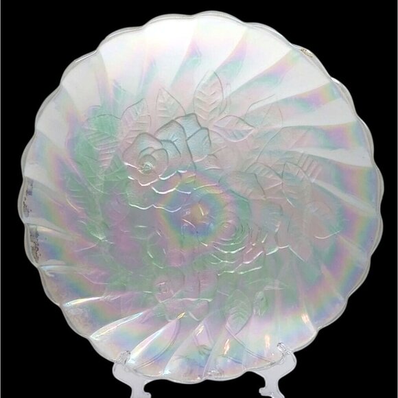 Iridescent Clear Carnival Glass Rose Round Swirl Scalloped Rainbow Platter - Picture 1 of 7
